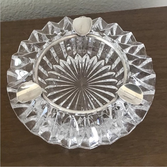 Mid Century Modern Ashtray Heavy Clear Cut Glass Silver Plate Starburst MCM - Picture 7 of 7